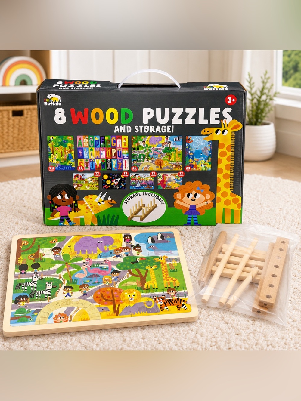 Little Buffalo 8pc Wooden Puzzle Set + Storage Rack Kids Age 3+ Educational